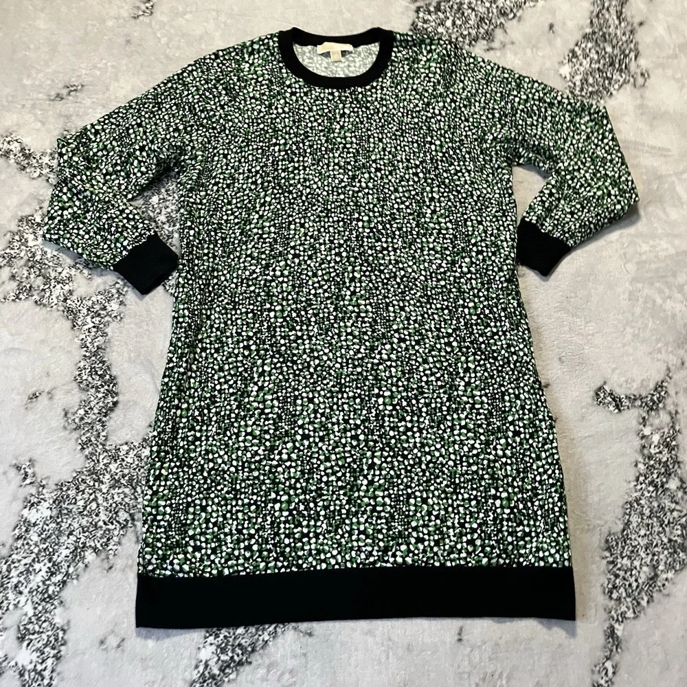 Michael Kors Sweater Dress Womens Size 2X Green Multi Printed Knit 3/4 Sleeve‎